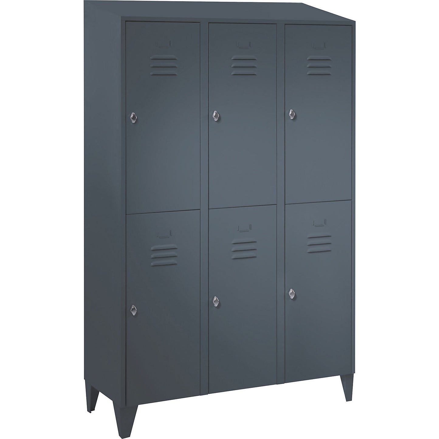 Berlin 2 double deck clothes locker, 3 compartments, blue grey, width 1200 mm, sloping roof shape.