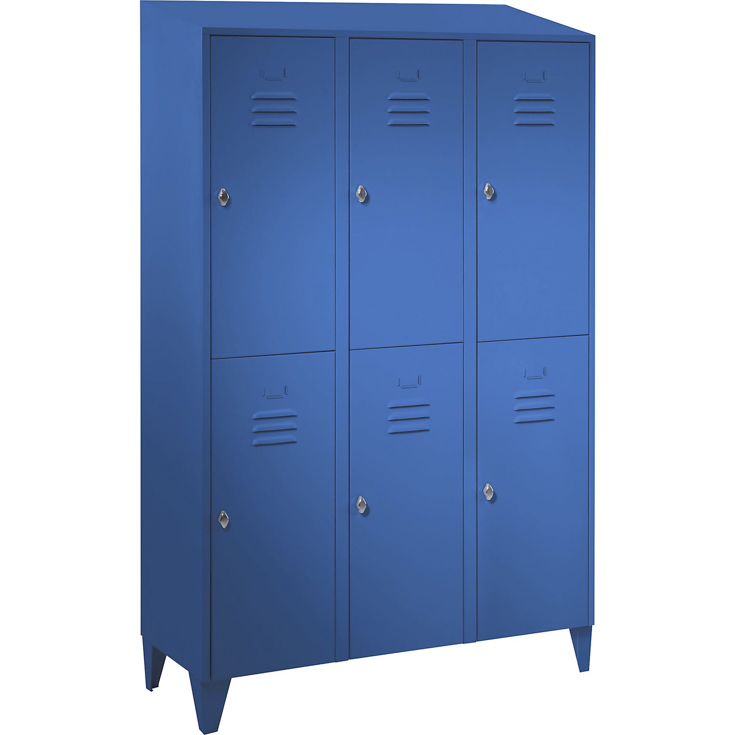 Berlin 2 double deck clothes locker, 3 compartments, light blue, width 1200 mm, sloping roof shape.