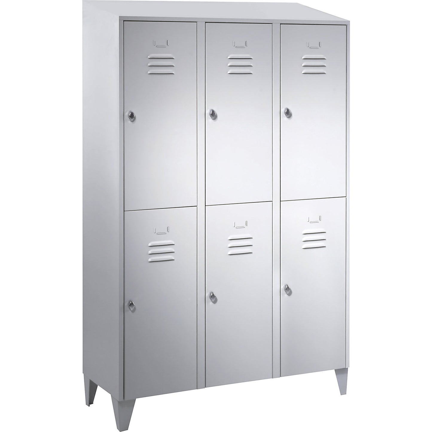 Berlin 2 double deck clothes locker, 3 compartments, light grey, width 1200 mm, sloping roof shape.