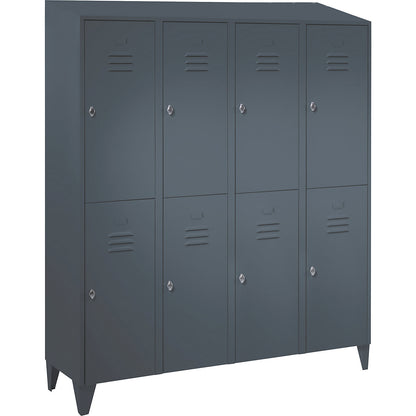 Berlin 2 double deck clothes locker, 4 compartments, blue grey, width 1600 mm, sloping roof shape.