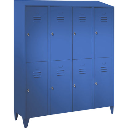 Berlin 2 double deck clothes locker, 4 compartments, light blue, width 1600 mm, sloping roof shape.