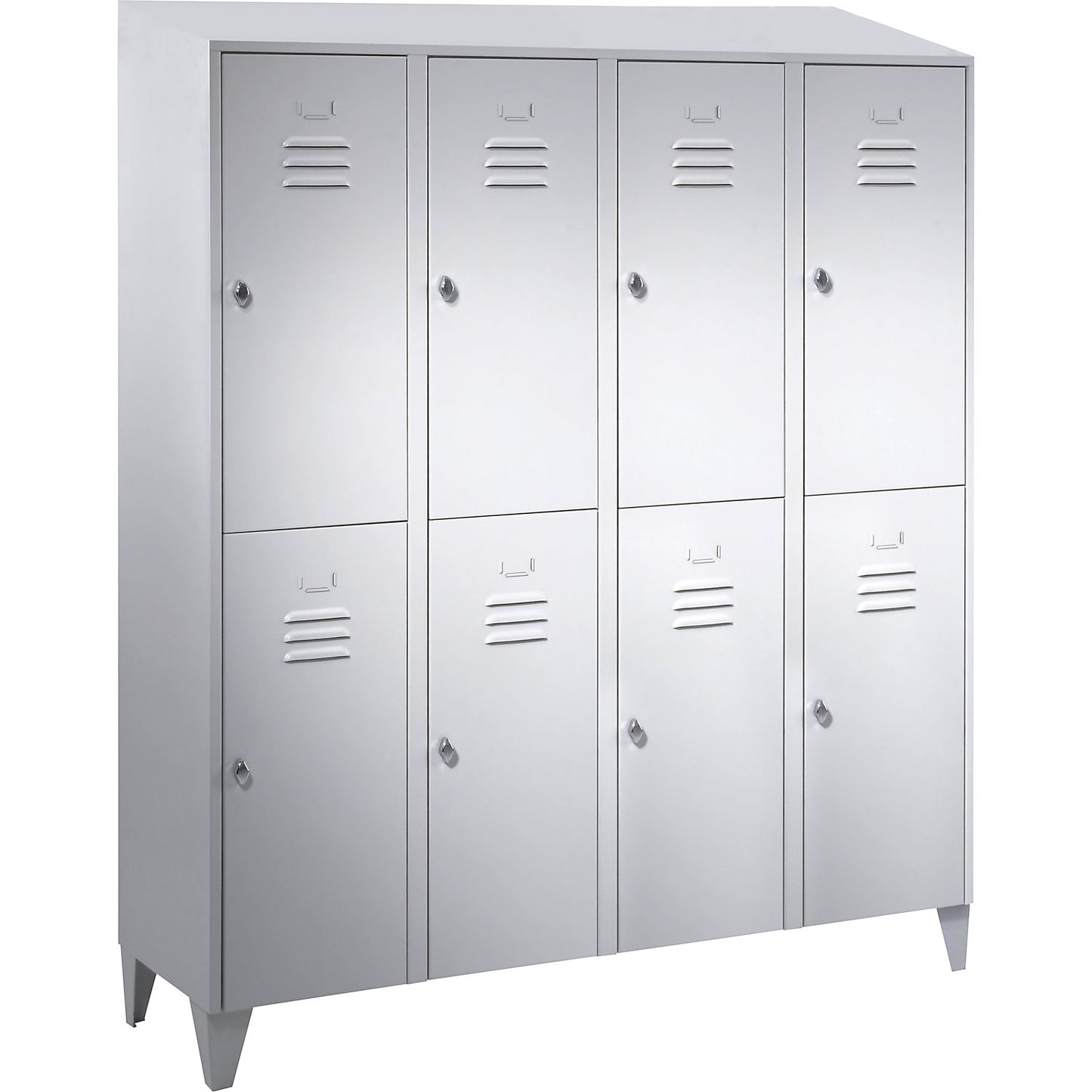 Berlin 2 double deck clothes locker, 4 compartments, light grey, width 1600 mm, sloping roof shape.