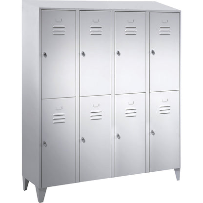 Berlin 2 double deck clothes locker, 4 compartments, light grey, width 1600 mm, sloping roof shape.