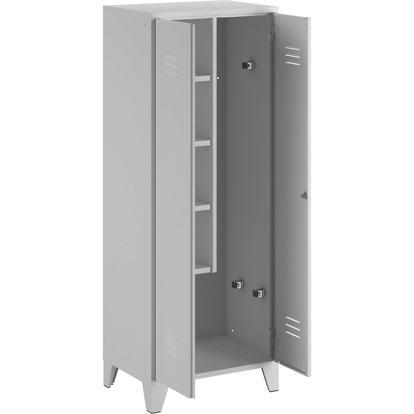 Berlin 2 locker for cleaning products, W 700 mm, 4 shelves, 5 clamps, light grey RAL 7035.