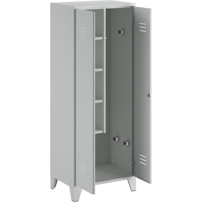 Berlin 2 locker for cleaning products, W 700 mm, 4 shelves, 5 clamps, light grey RAL 7035.