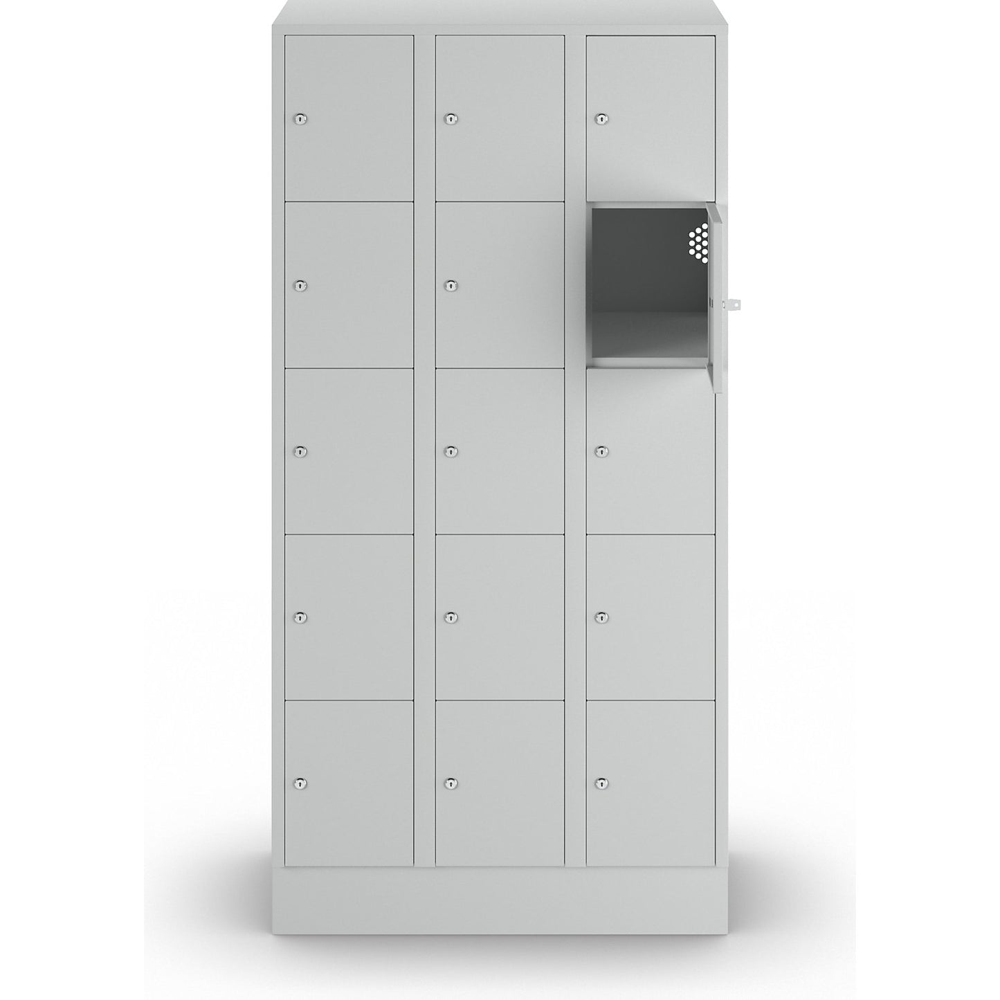 München 5-fold compartment locker, 3 compartments, light grey, W 900 mm, with base plinth.