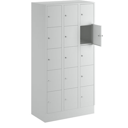München 5-fold compartment locker, 3 compartments, light grey, W 900 mm, with base plinth.