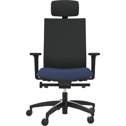 JUST EVO OPERATOR office chair, with upholstered back rest, night blue, with headrest.