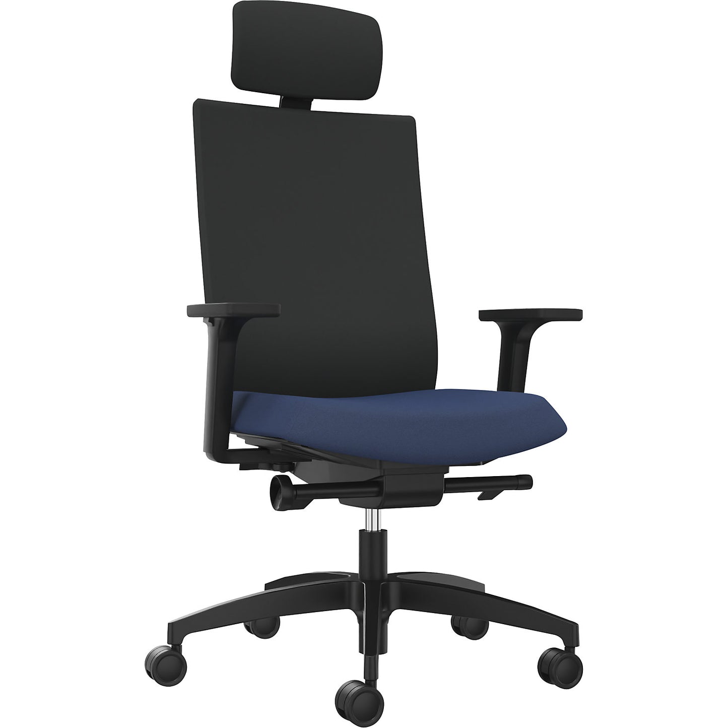 JUST EVO OPERATOR office chair, with upholstered back rest, night blue, with headrest.
