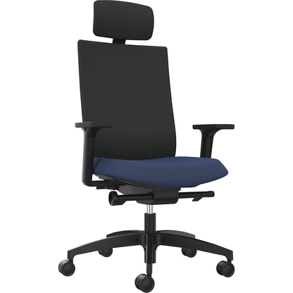 JUST EVO OPERATOR office chair, with upholstered back rest, night blue, with headrest.