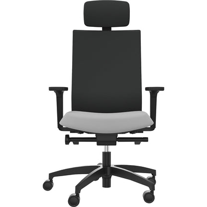 JUST EVO OPERATOR office chair, with upholstered back rest, platinum grey, with headrest.