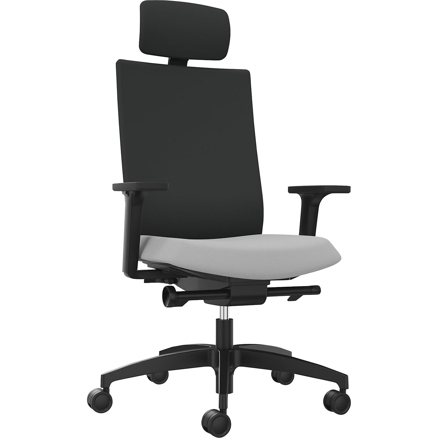 JUST EVO OPERATOR office chair, with upholstered back rest, platinum grey, with headrest.