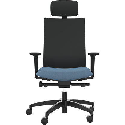 JUST EVO OPERATOR office chair, with upholstered back rest, water blue, with headrest.