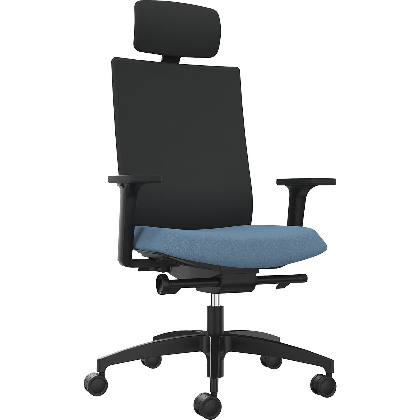 JUST EVO OPERATOR office chair, with upholstered back rest, water blue, with headrest.