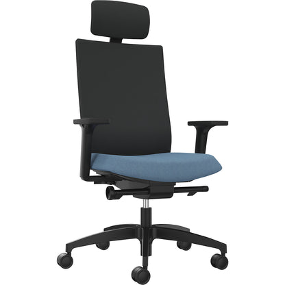 JUST EVO OPERATOR office chair, with upholstered back rest, water blue, with headrest.