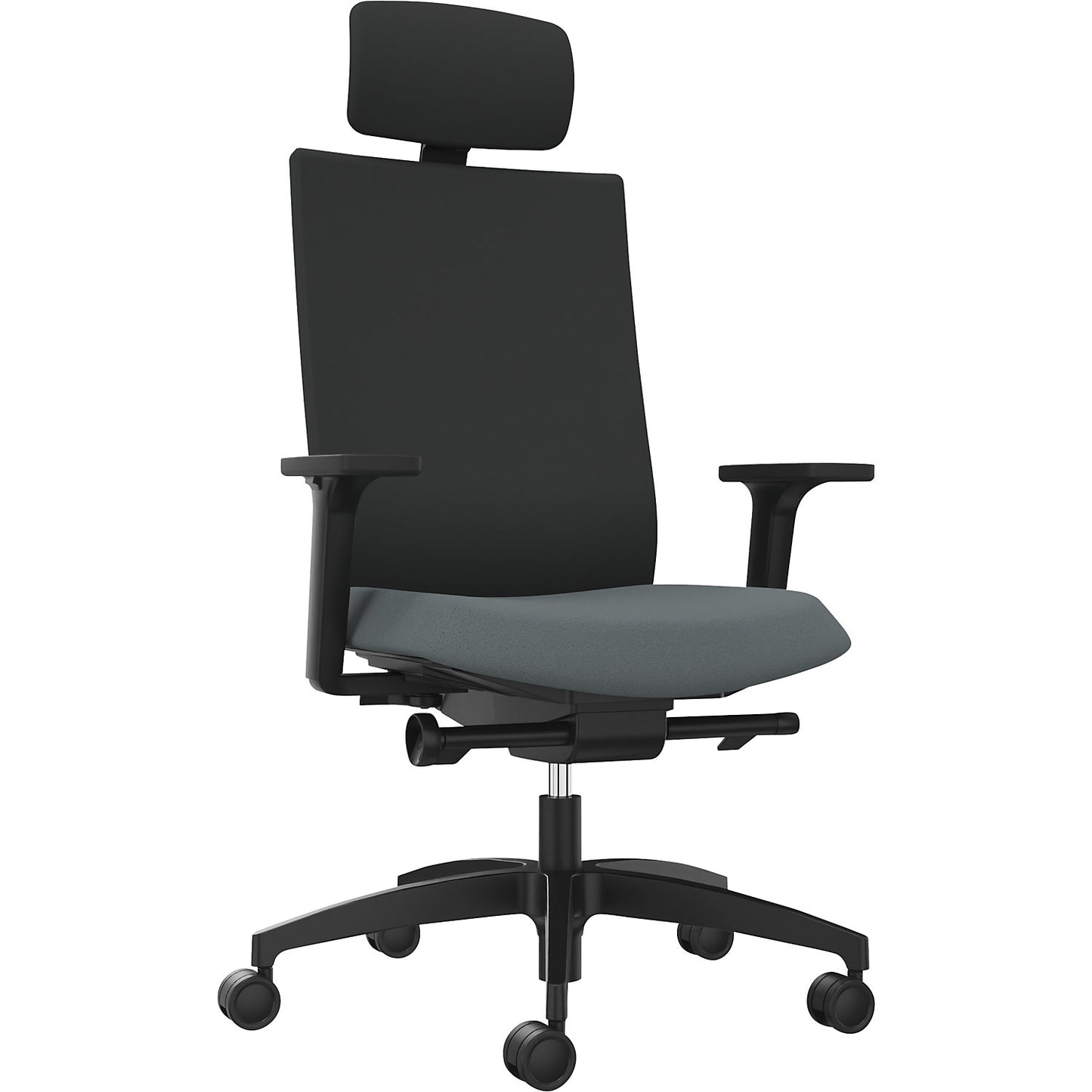 JUST EVO OPERATOR office chair, with upholstered back rest, grey, with headrest.