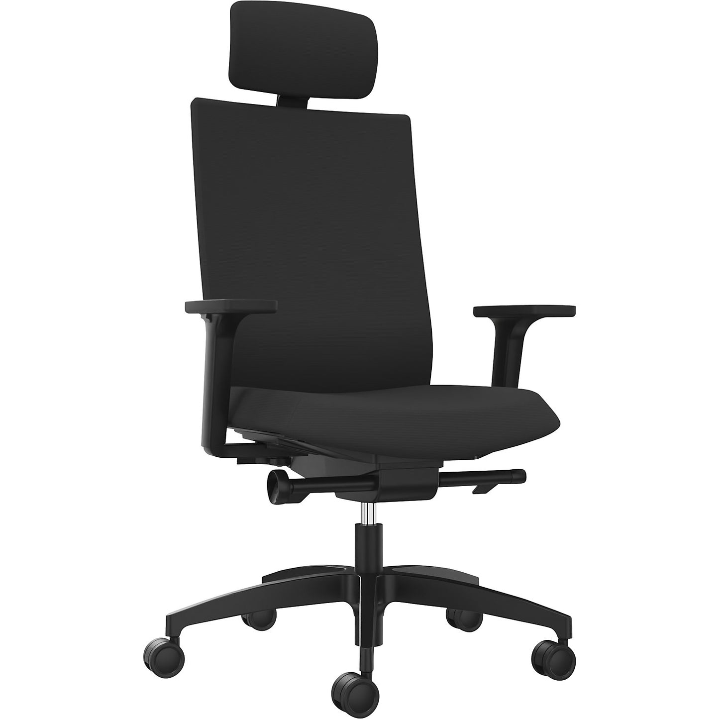 JUST EVO OPERATOR office chair, with upholstered back rest, black, with headrest.