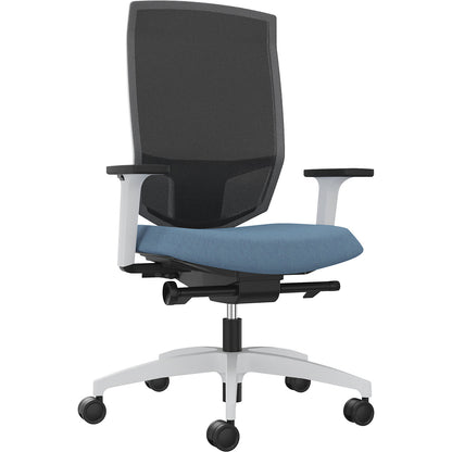 JUST EVO MESH office swivel chair, with mesh back rest, white, water blue.