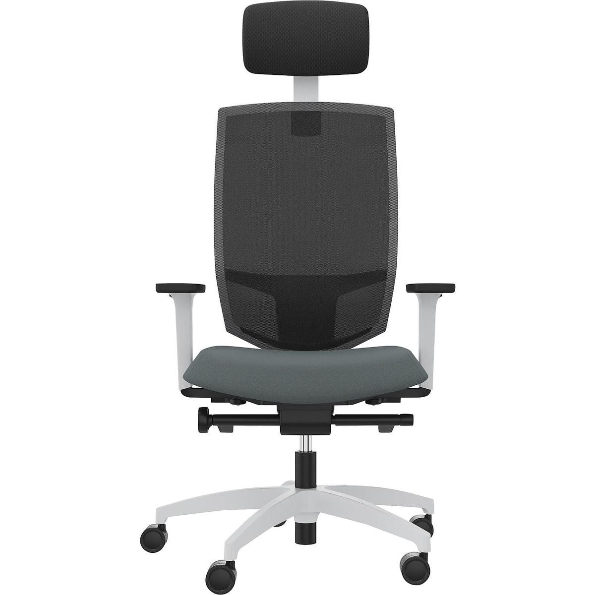 JUST EVO MESH office swivel chair, with mesh back rest, white, grey, with headrest.