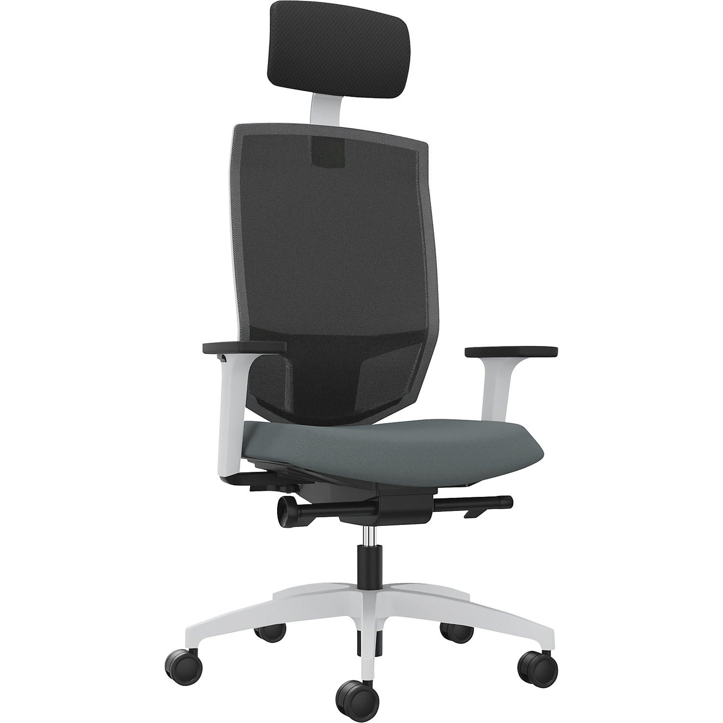 JUST EVO MESH office swivel chair, with mesh back rest, white, grey, with headrest.