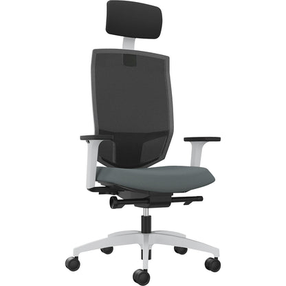 JUST EVO MESH office swivel chair, with mesh back rest, white, grey, with headrest.
