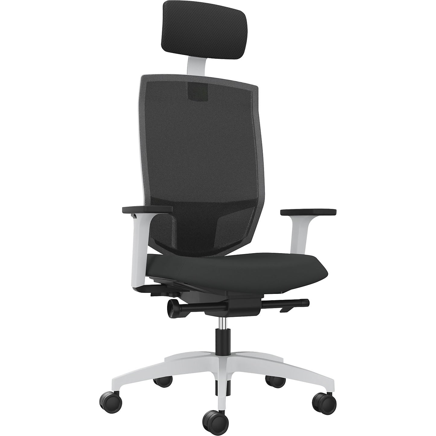 JUST EVO MESH office swivel chair, with mesh back rest, white, black, with headrest.
