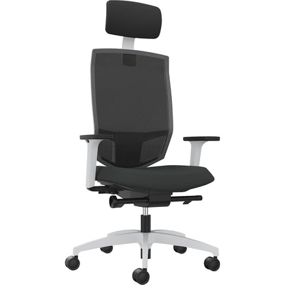 JUST EVO MESH office swivel chair, with mesh back rest, white, black, with headrest.
