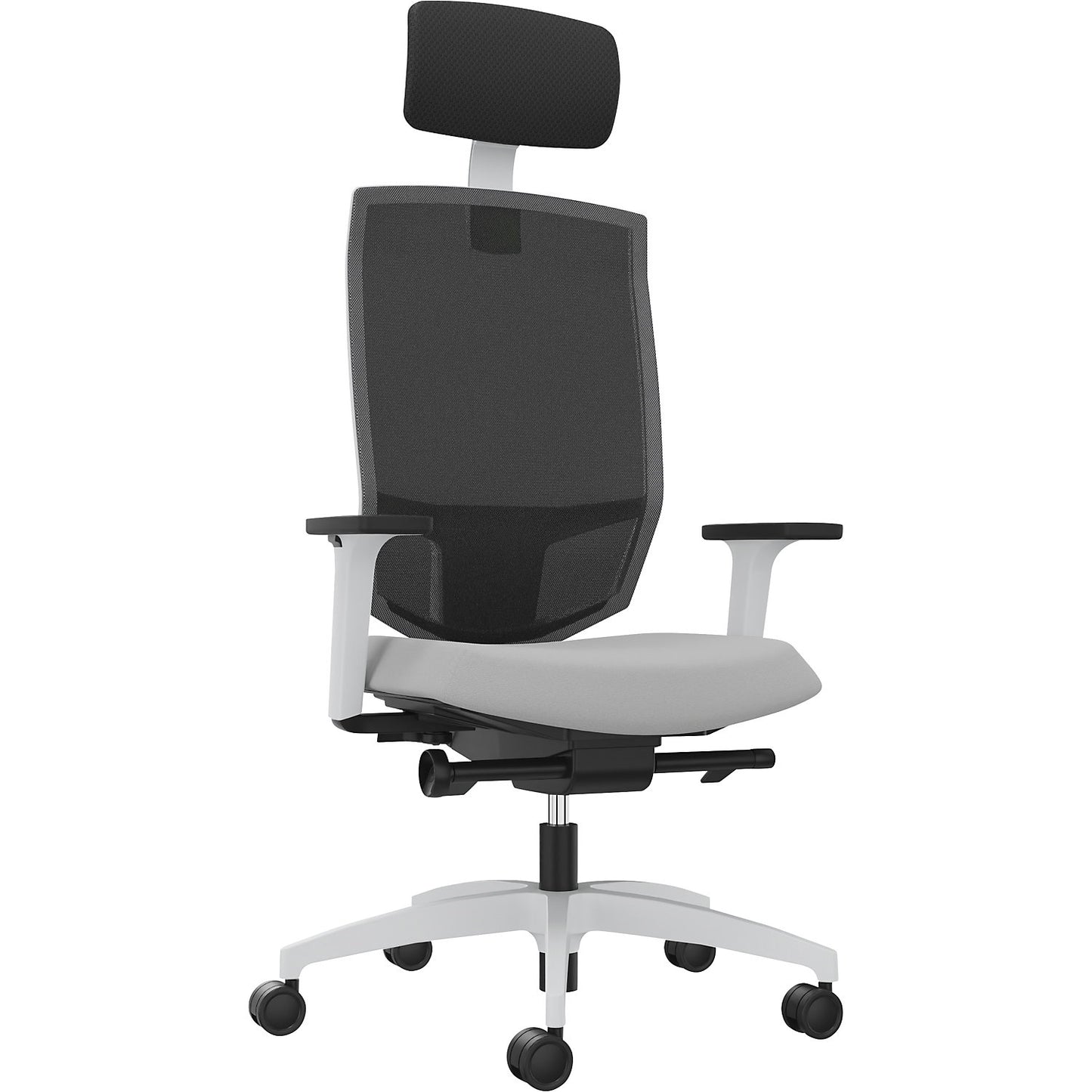 JUST EVO MESH office swivel chair, with mesh back rest, white, platinum grey, with headrest.