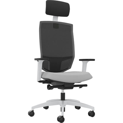 JUST EVO MESH office swivel chair, with mesh back rest, white, platinum grey, with headrest.