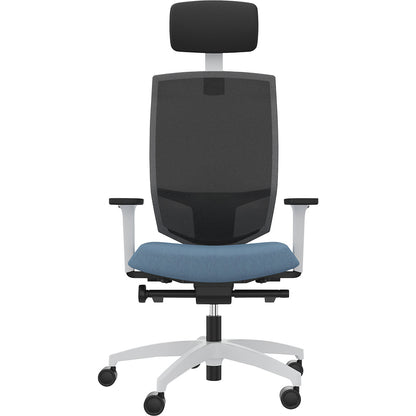 JUST EVO MESH office swivel chair, with mesh back rest, white, water blue, with headrest.
