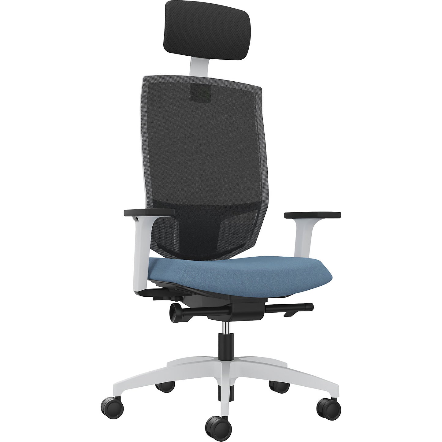 JUST EVO MESH office swivel chair, with mesh back rest, white, water blue, with headrest.