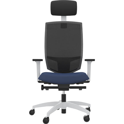 JUST EVO MESH office swivel chair, with mesh back rest, white, night blue, with headrest.