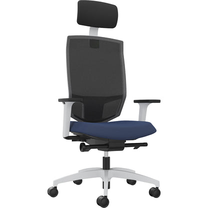 JUST EVO MESH office swivel chair, with mesh back rest, white, night blue, with headrest.