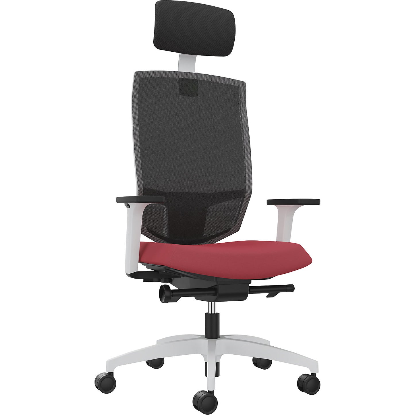 JUST EVO MESH office swivel chair, with mesh back rest, white, chilli red, with headrest.
