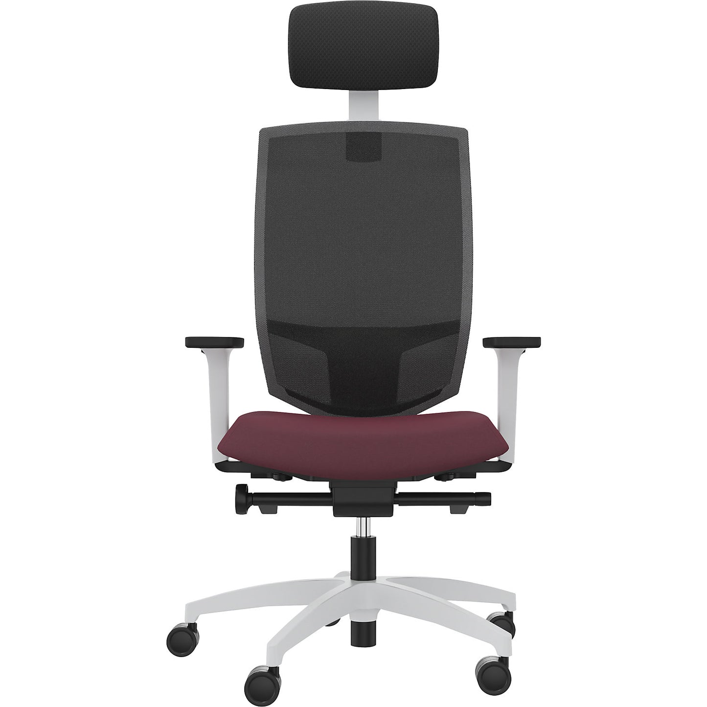 JUST EVO MESH office swivel chair, with mesh back rest, white, shiraz red, with headrest.