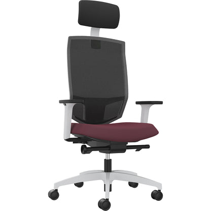 JUST EVO MESH office swivel chair, with mesh back rest, white, shiraz red, with headrest.