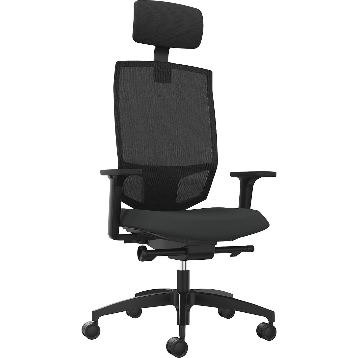 JUST EVO MESH office swivel chair, with mesh back rest, black, black, with headrest.