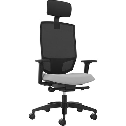 JUST EVO MESH office swivel chair, with mesh back rest, black, platinum grey, with headrest.