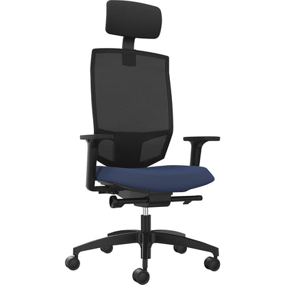 JUST EVO MESH office swivel chair, with mesh back rest, black, night blue, with headrest.