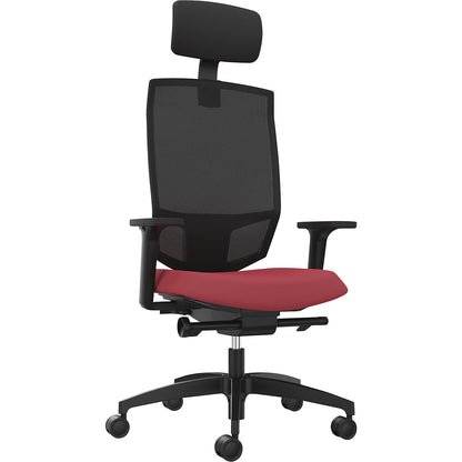 JUST EVO MESH office swivel chair, with mesh back rest, black, chili red, with headrest.
