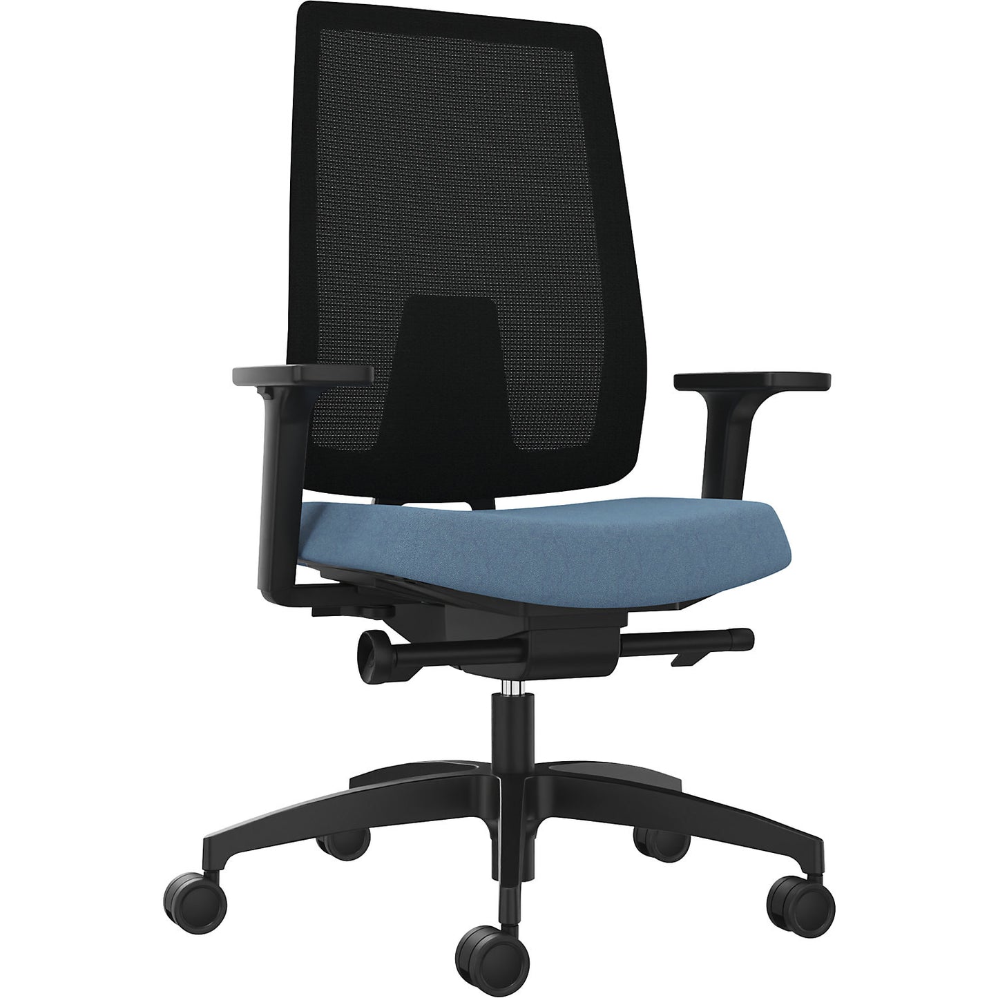 INDEED office swivel chair, with counterpressure adjustment, mesh backrest in water blue.