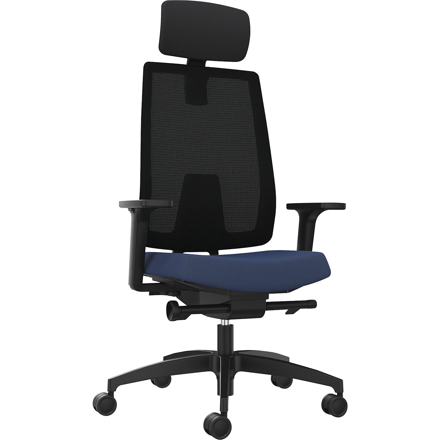 INDEED office swivel chair, with counterpressure adjustment, mesh backrest in night blue, headrest.