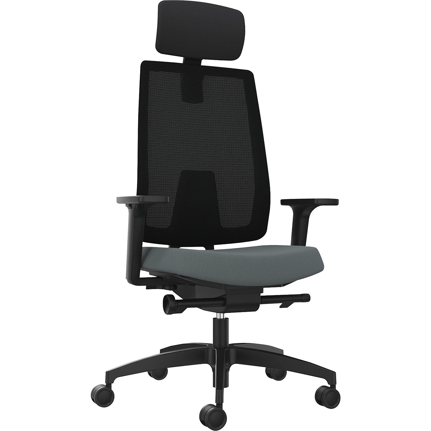 INDEED office swivel chair, with counterpressure adjustment, mesh backrest in grey, headrest.