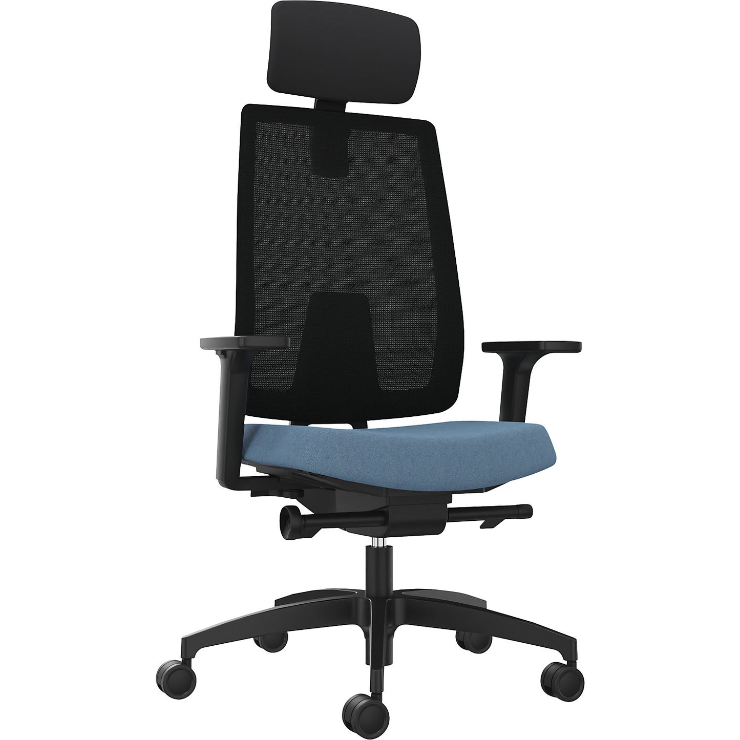 INDEED office swivel chair, with counterpressure adjustment, mesh backrest in water blue, headrest.