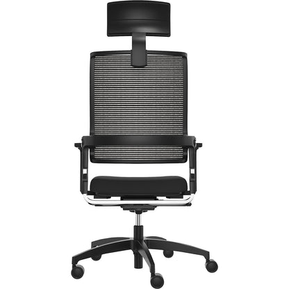 LORDO FLEX office chair, with mesh back rest, black, with headrest.