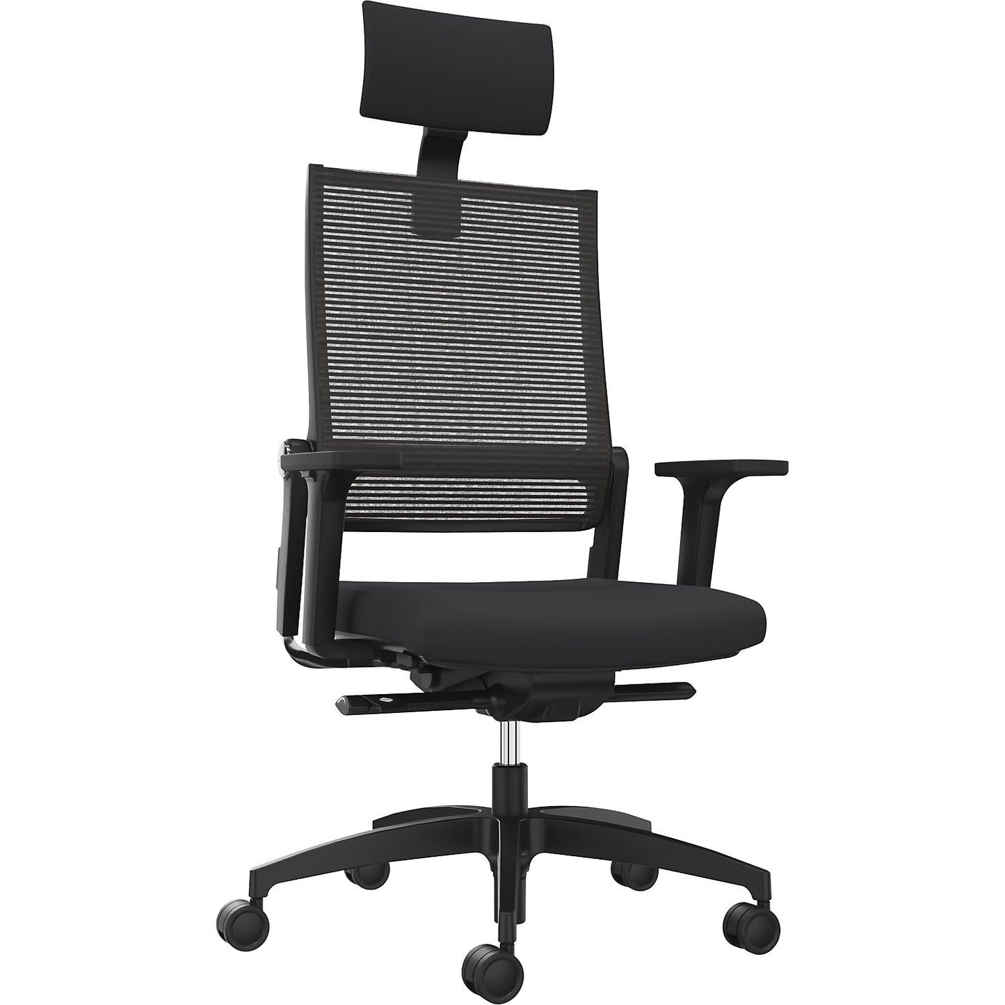 LORDO FLEX office chair, with mesh back rest, black, with headrest.