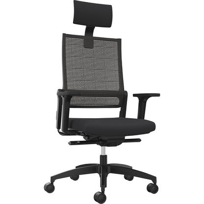 LORDO FLEX office chair, with mesh back rest, black, with headrest.