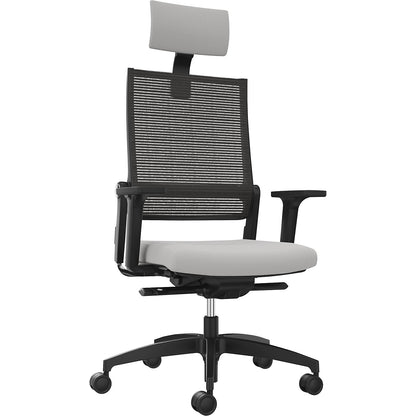 LORDO FLEX office chair, with mesh back rest, platinum grey, with headrest.