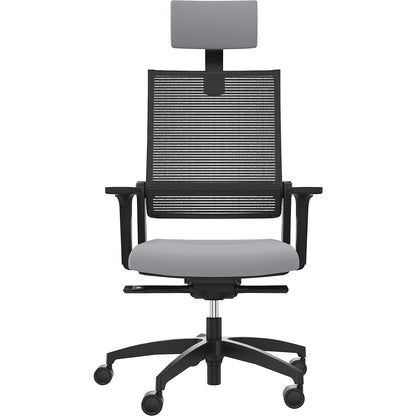 LORDO FLEX office chair, with mesh back rest, grey, with headrest.
