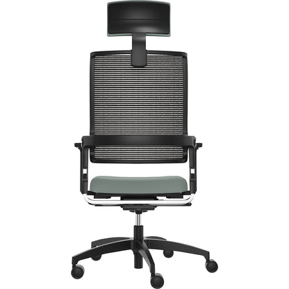 LORDO FLEX office chair, with mesh back rest, blue green, with headrest.